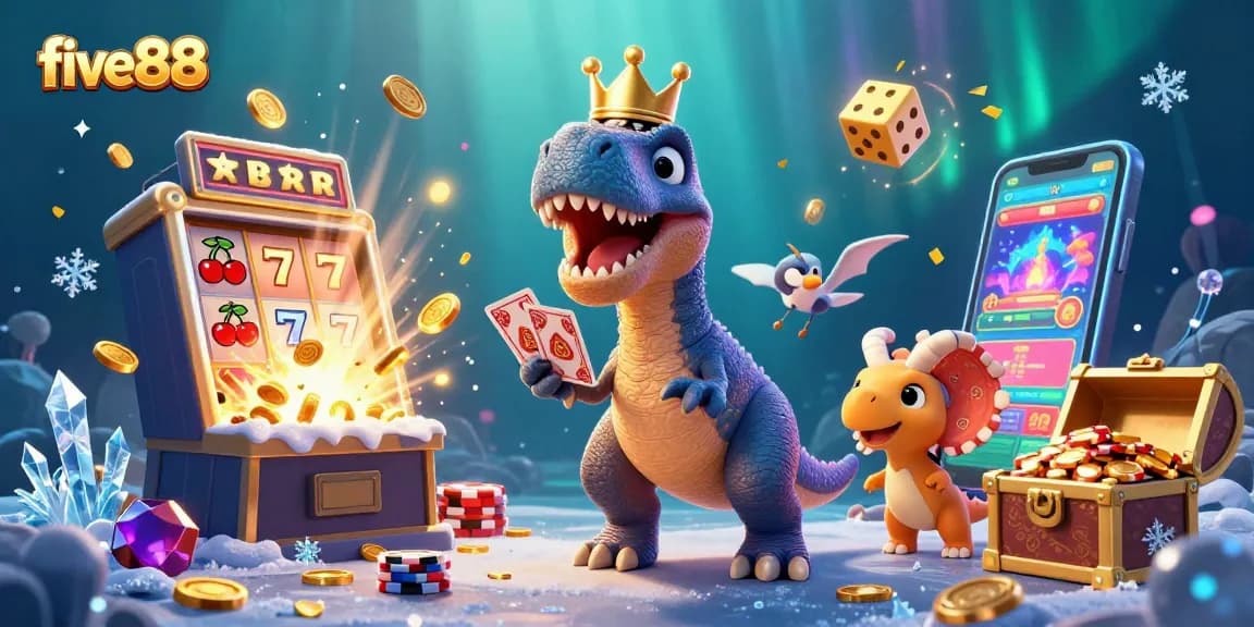 Experience the excitement of five88 with vibrant game elements and charming characters in a lively casino setting.