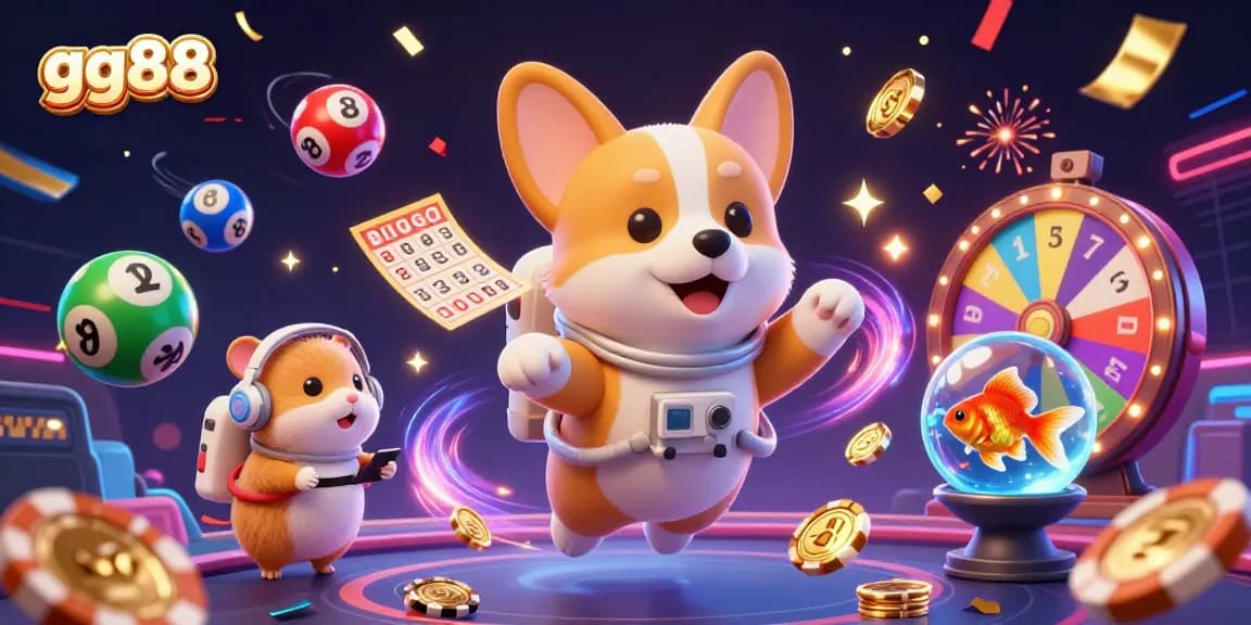 Spin exciting games with gg88 in a colorful illustration featuring a floating corgi and dynamic lottery elements.