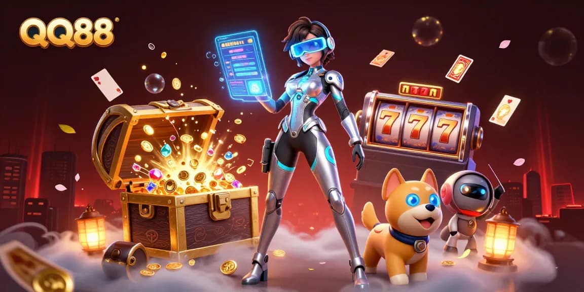 Experience thrilling games at QQ88 with a stunning 3D illustration featuring a futuristic casino scene with exciting elements.