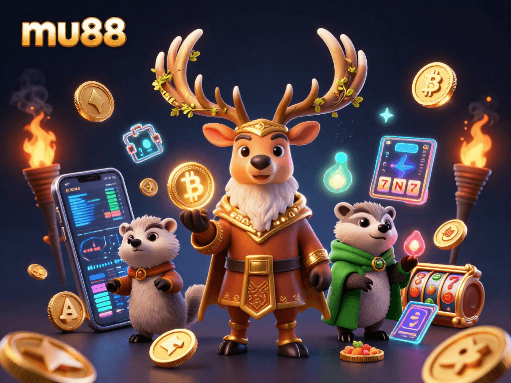 mu88 showcases enchanting casino elements with a Celtic druid stag and mystical lighting.