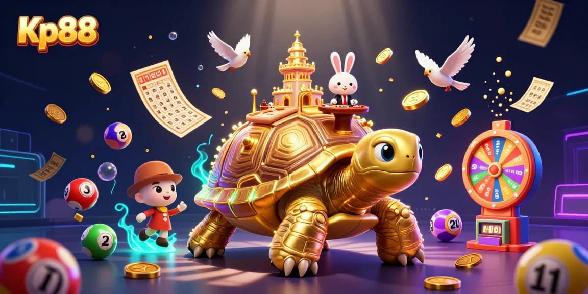 Engage with Kp88’s vibrant casino atmosphere featuring a golden tortoise and dynamic lottery elements.