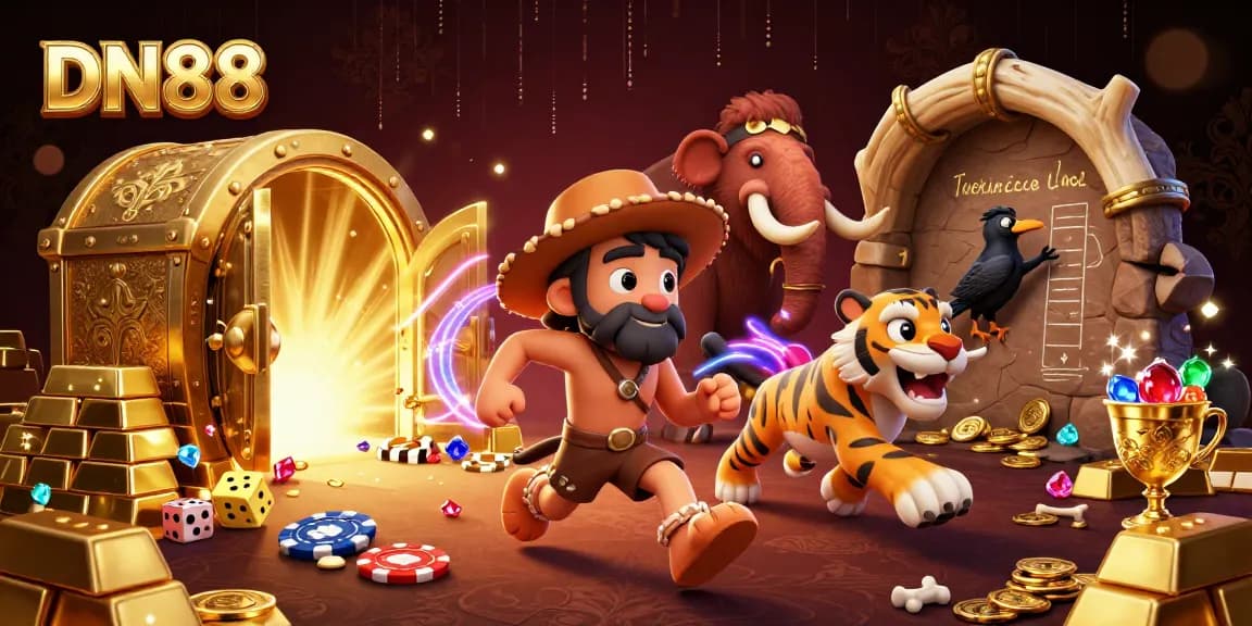 Experience thrilling gameplay at DN88's prehistoric casino featuring colorful characters and treasures.
