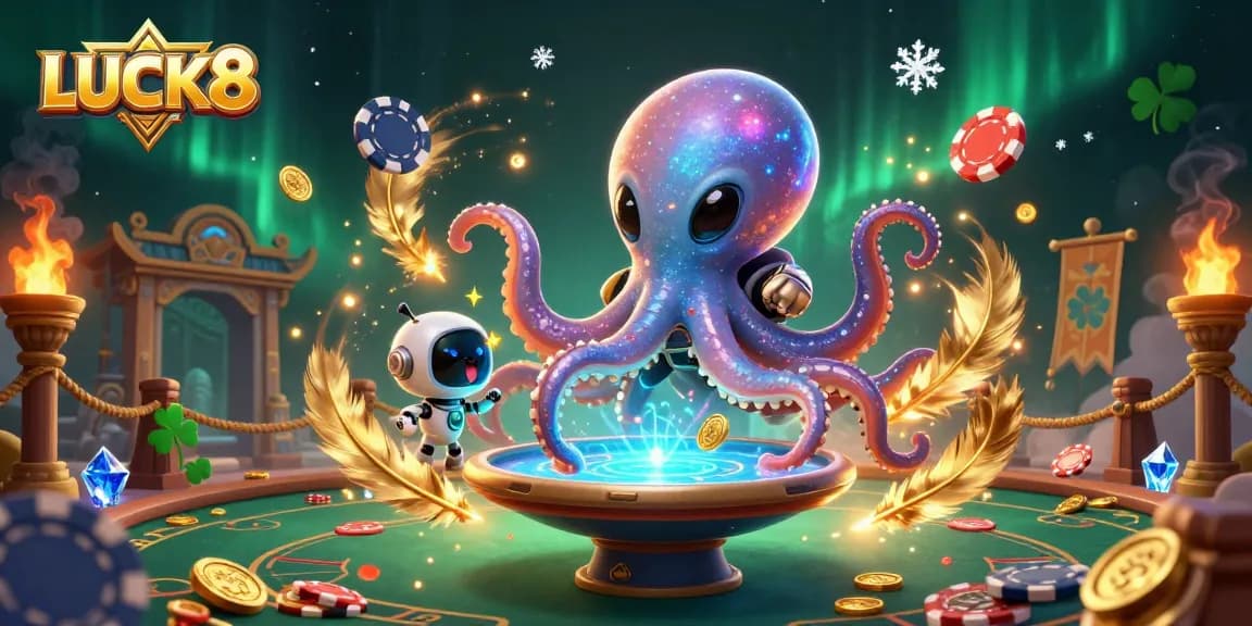 Engage in the thrilling world of LUCK8 with a vibrant 3D alien casino scene featuring a holographic poker setup.