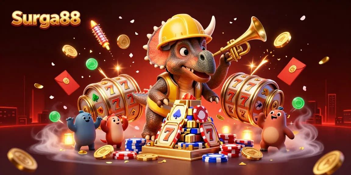 Join Surga88 excitement as playful dinosaurs celebrate winning poker chips amidst festive casino elements.