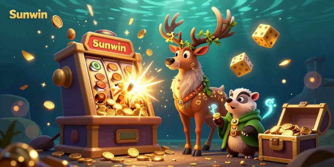 Sunwin slot machine bursting with coins and light, featuring druid stag, wise badger, and treasure chest.
