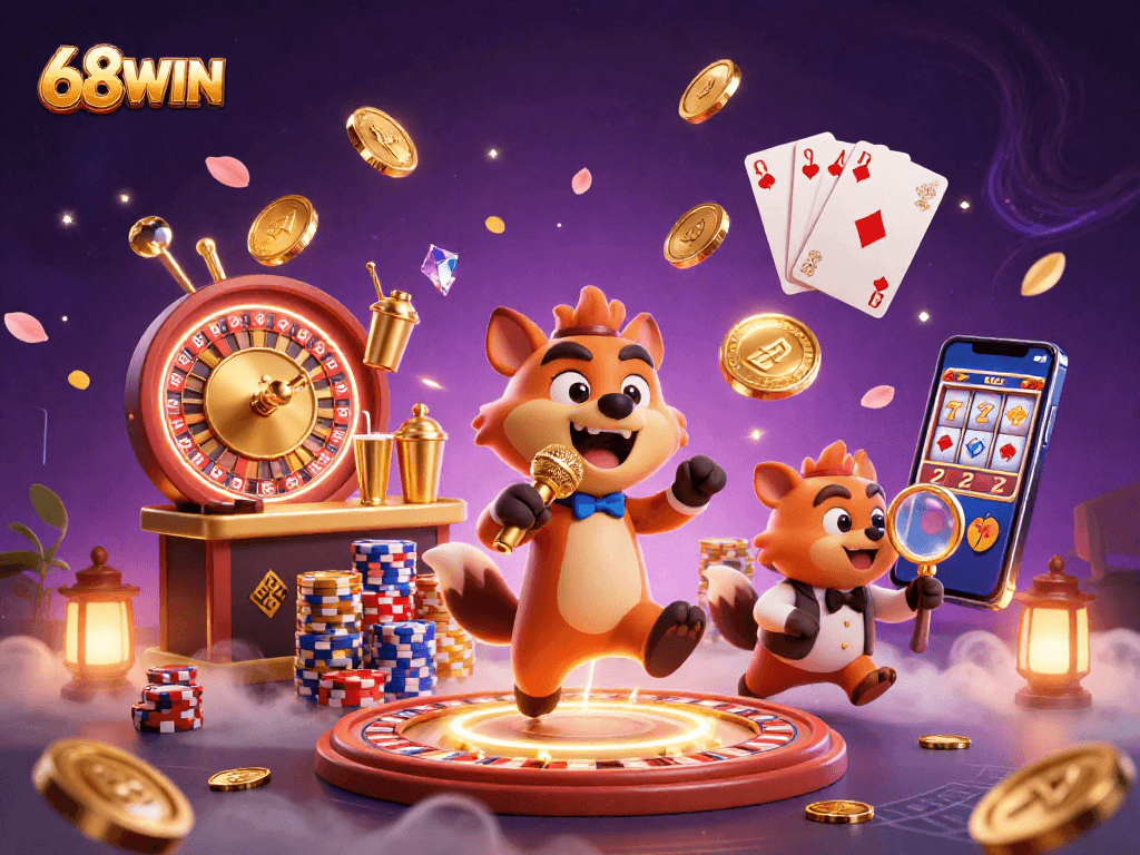 Join the fun at 68WIN's casino with a lively hyena comedy club scene featuring games and entertainment.