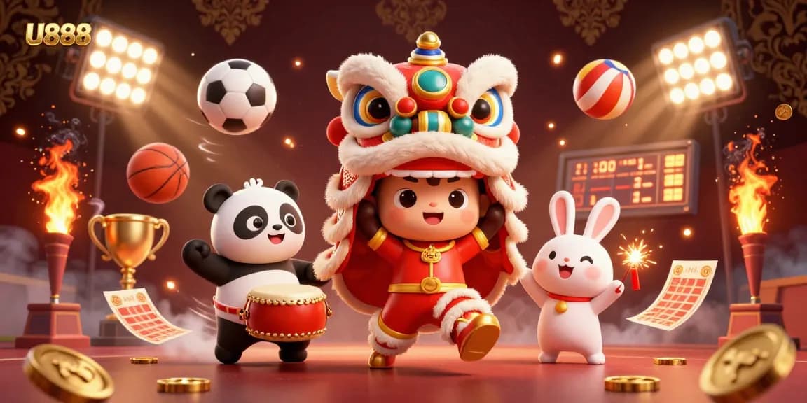 Engage with the U888 dynamic casino scene featuring lively characters amidst animated gambling elements.