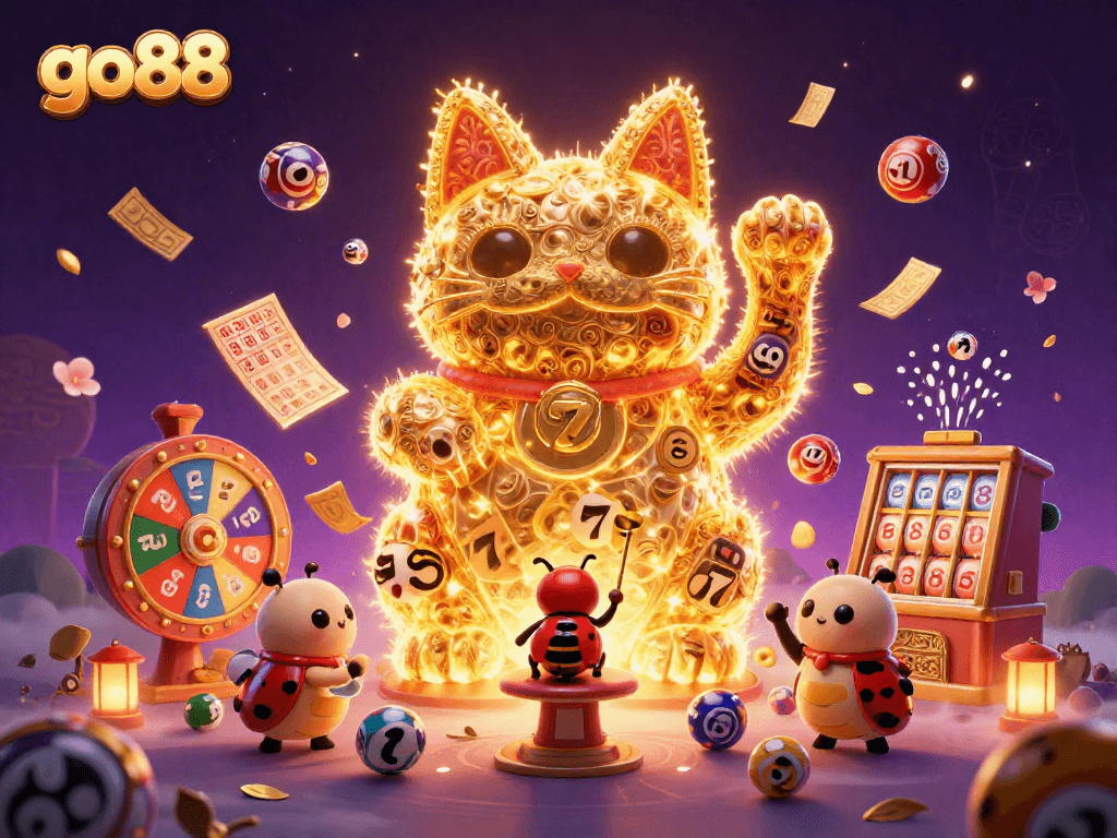 Experience the magic of go88 with vibrant casino symbols and dynamic game elements in a stunning 3D illustration.
