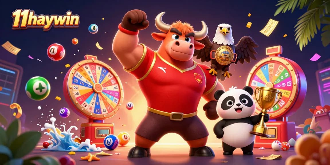 Engage with exciting wins at 11haywin as the bull mascot celebrates victory amidst colorful game elements.