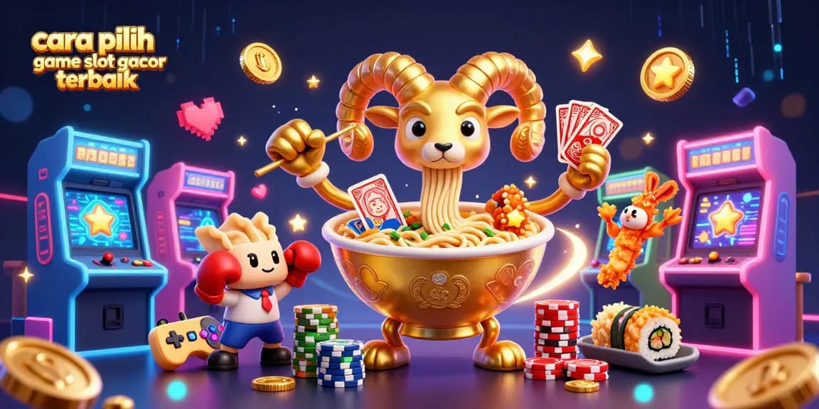 Engage in gaming with cara pilih game slot gacor terbaik as the giant ramen bowl deals cards in a playful casino scene.