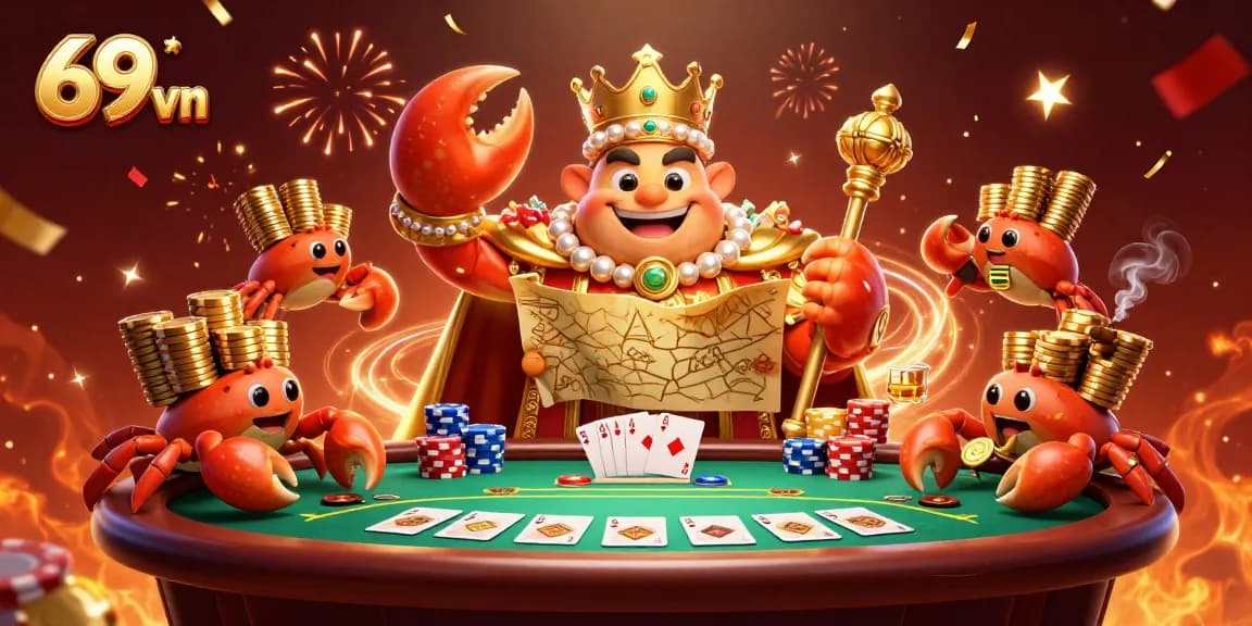 Experience the thrilling world of 69 vn with a golden crab emperor and vibrant casino elements.