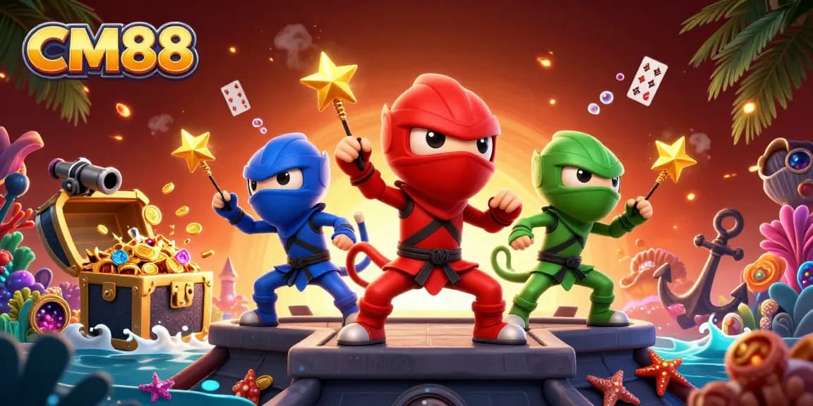 Engage in thrilling gameplay at CM88 with dynamic chameleon ninjas surrounded by treasure and gaming elements.