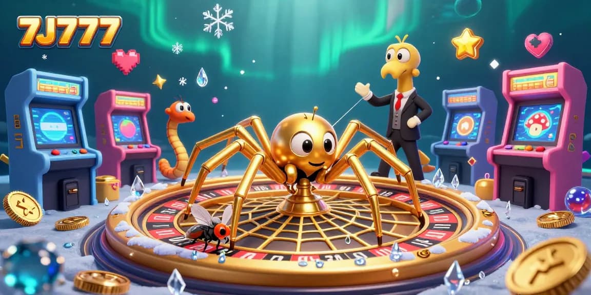Engage with 7J777's vibrant casino atmosphere featuring an animated roulette web and gaming elements.