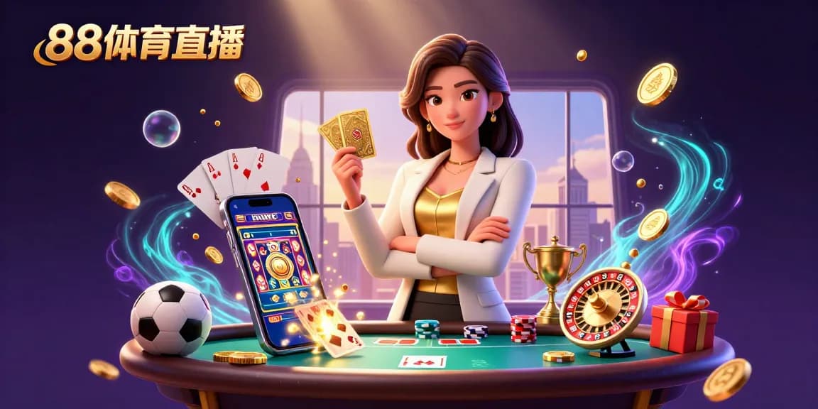 Bet on 88体育直播 with a powerful businesswoman showcasing sports betting elements and vibrant casino graphics.