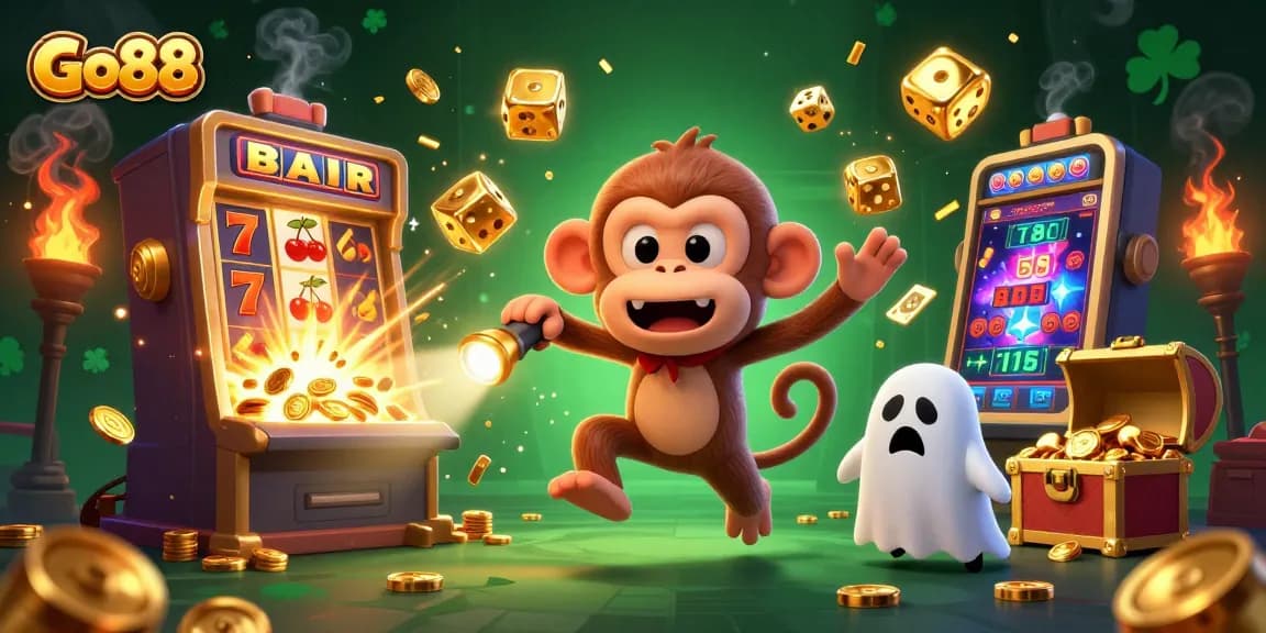 Experience thrilling gameplay with Go88 as a mischievous poltergeist monkey juggles golden casino treasures.