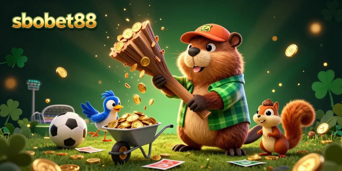 Taruhan sbobet88 dengan beaver dan burung mengumpulkan koin emas di antara elemen taruhan olahraga.