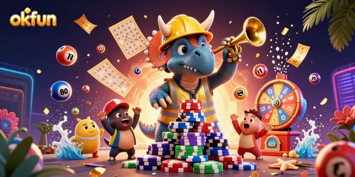 Celebrate winning strategies with okfun in this vibrant 3D casino-themed illustration.