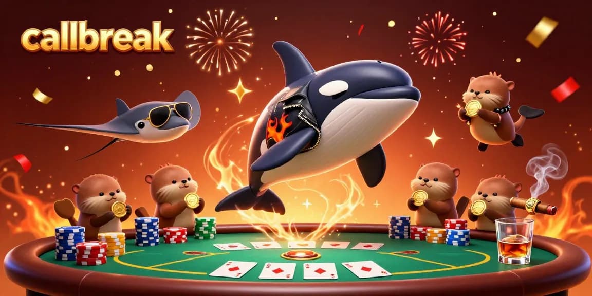 Experience callbreak strategy with a vibrant scene featuring card elements and playful sea creatures.