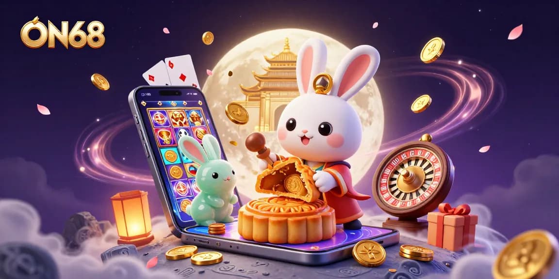 Experience the thrill of gaming at ON68 with a magical scene featuring a moon rabbit, poker chips, and vibrant casino elements.