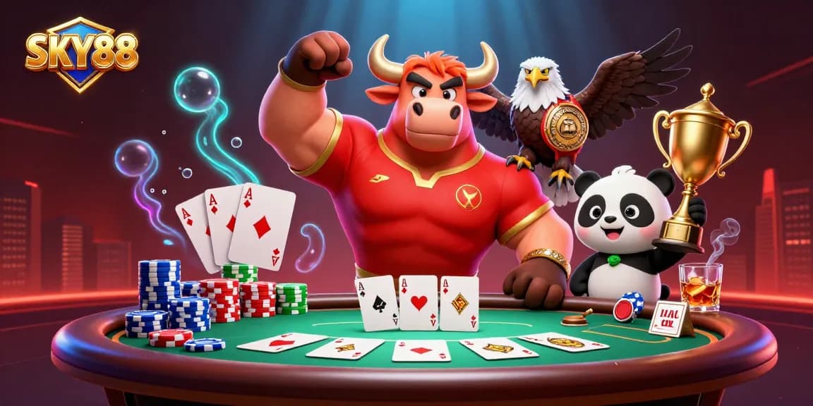 SKY88 showcases a muscular bull mascot celebrating a poker victory with theme elements and casino ambiance.