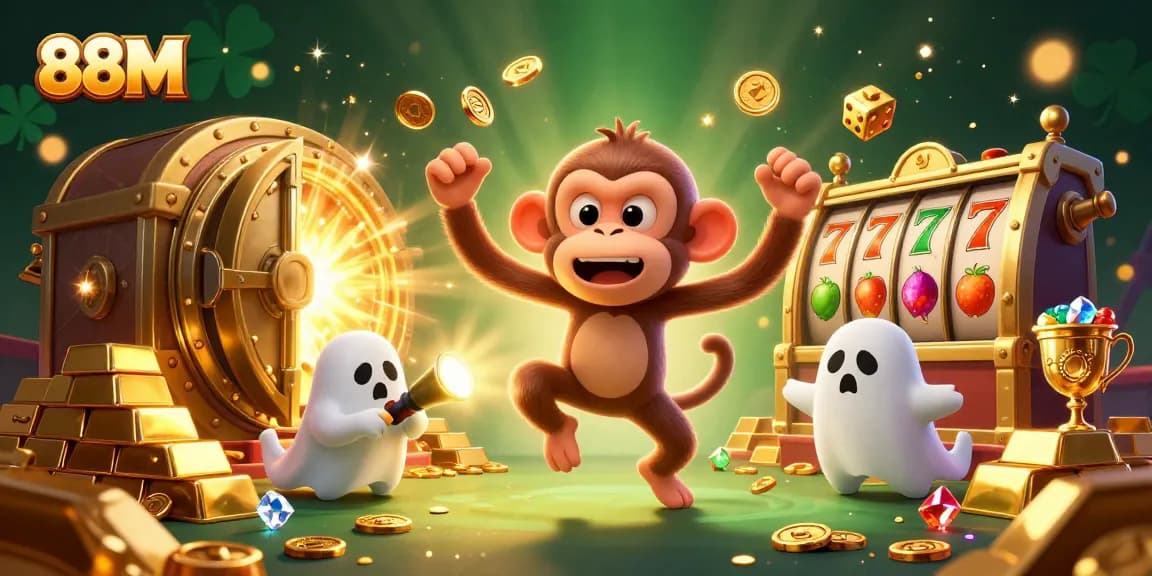 Experience exciting 88M rewards as a mischievous poltergeist monkey juggles gold in a haunted casino.