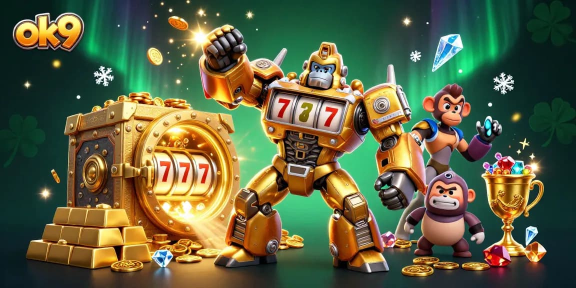 Unleash your winnings with ok9's exciting 3D transformer gorilla mech amidst treasure galore!