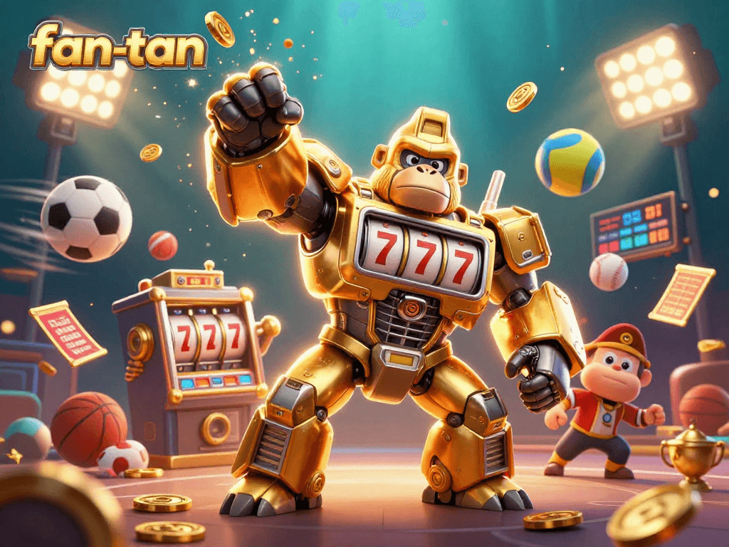 Engage in fan-tan as the golden gorilla mech celebrates big wins amidst flying sports balls and coins.