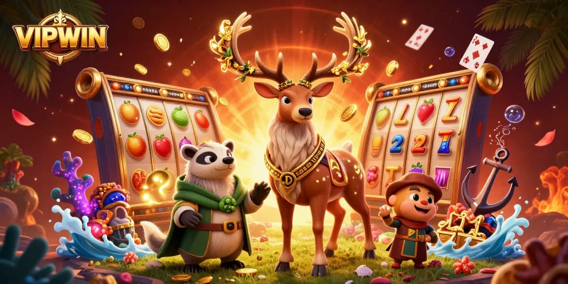 Experience the excitement of VIPWIN with a vibrant 3D illustration featuring slot reels and gold coins raining down.