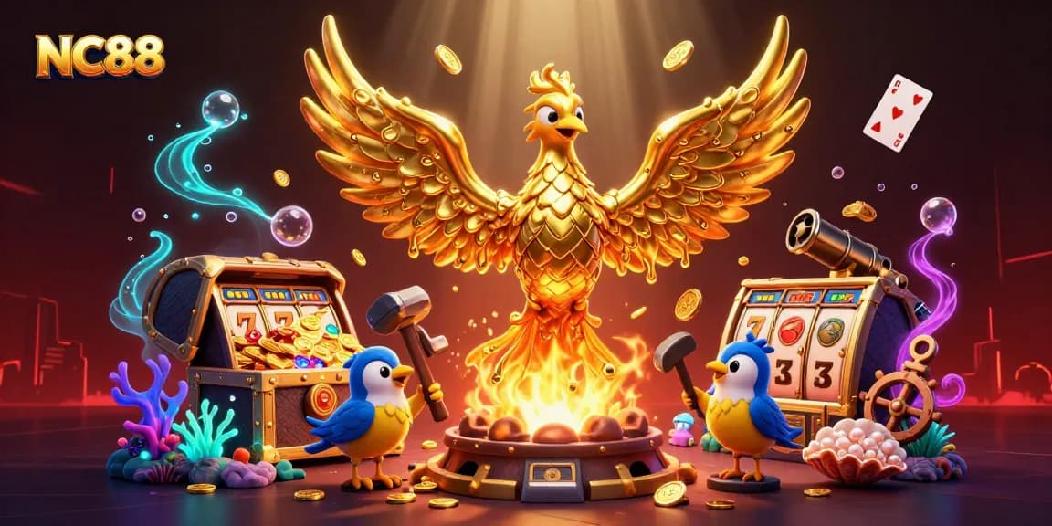 Engage with the NC88 online casino experience featuring a molten golden phoenix amidst rich gaming elements.