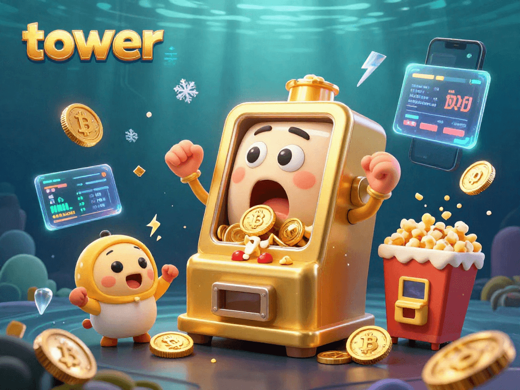 Unlock your tower-winning potential with a golden slot machine celebrating its jackpot amidst a vibrant crypto scene.