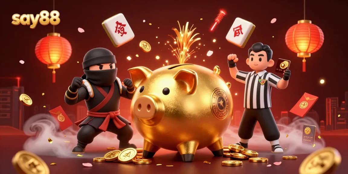 Experience the thrill of say88 as a golden piggy bank sumo wrestler stomps coins and garners luck.