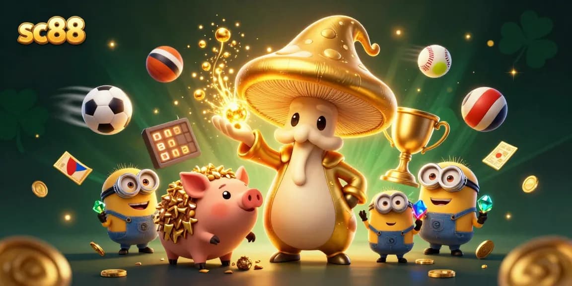sc88 showcases a magical scene of winning treasures, featuring whimsical characters and dynamic sports elements.