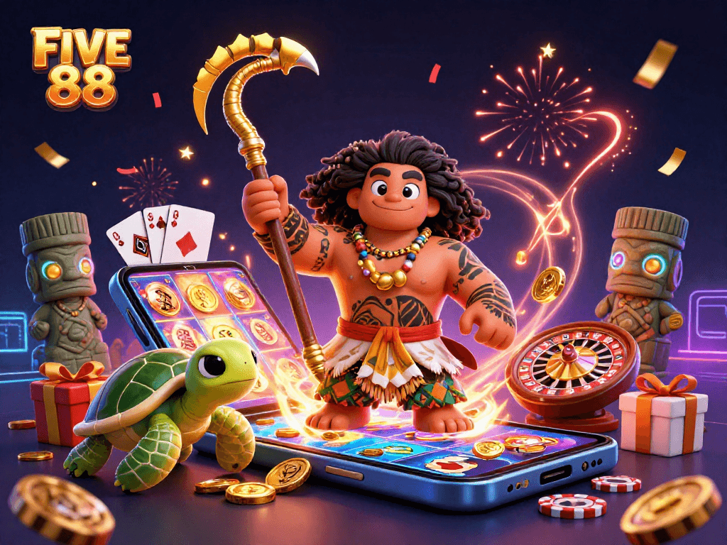Engage in thrilling gaming experiences at FIVE 88 with vibrant characters and exciting gambling elements.