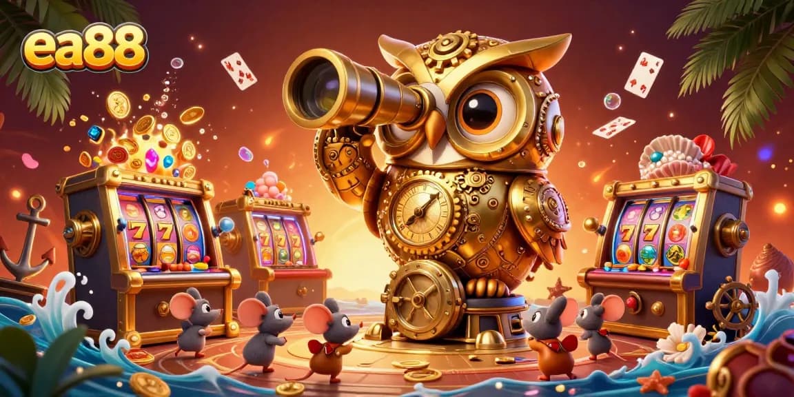 Experience the thrilling casino vibe with ea88, featuring a whimsical owl overseeing vibrant slot machines amidst playful characters.