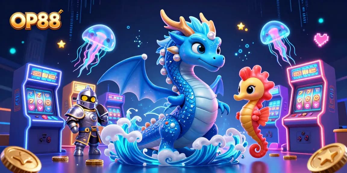 Experience the magic of OP88 with a vibrant underwater casino adventure featuring a dragon and seahorse knight.