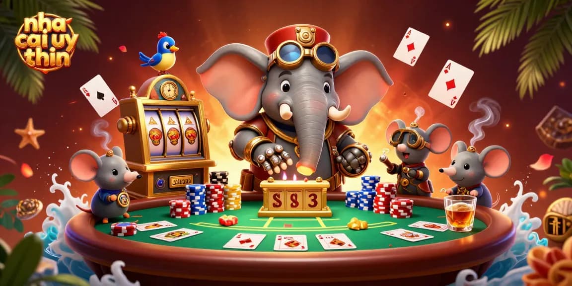 Engage with top-rated nha cai uy tin at a vibrant 3D casino scene featuring steampunk characters and poker elements.