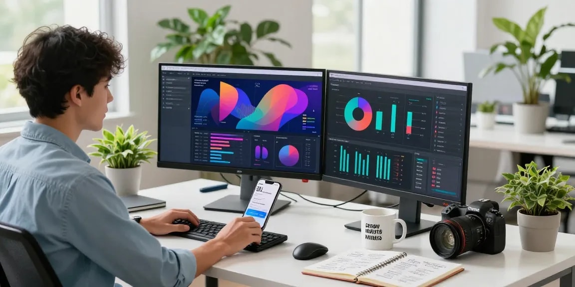 Ruang kerja digital modern dengan analitik GEGESLOT dan suasana inspiratif.