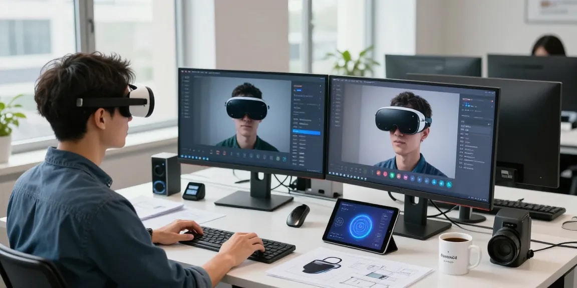 Professional using AR glasses while designing augmented reality applications in a modern tech workspace.
