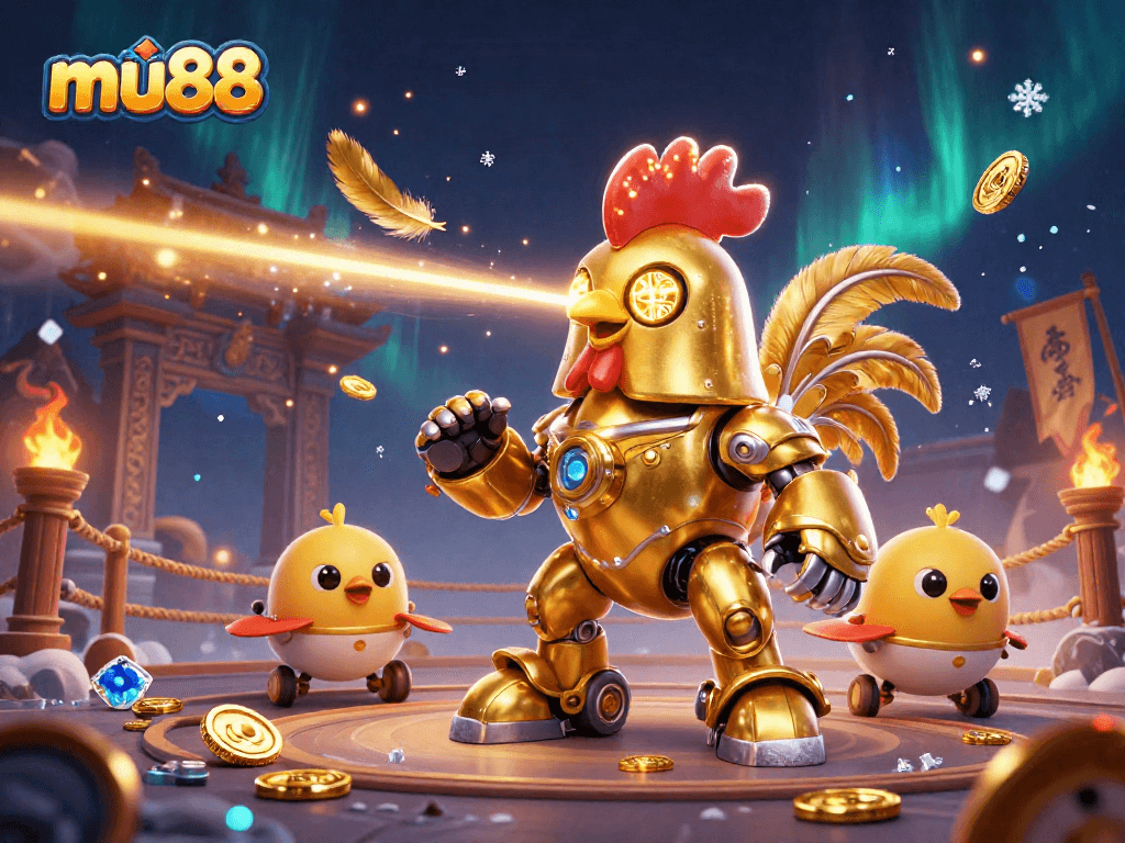 Experience thrilling gameplay with mu88's vibrant 3D cartoon casino showdown featuring golden rooster robot.