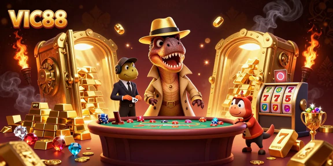 Experience thrilling action with VIC88 in this energizing casino illustration featuring dinosaurs.