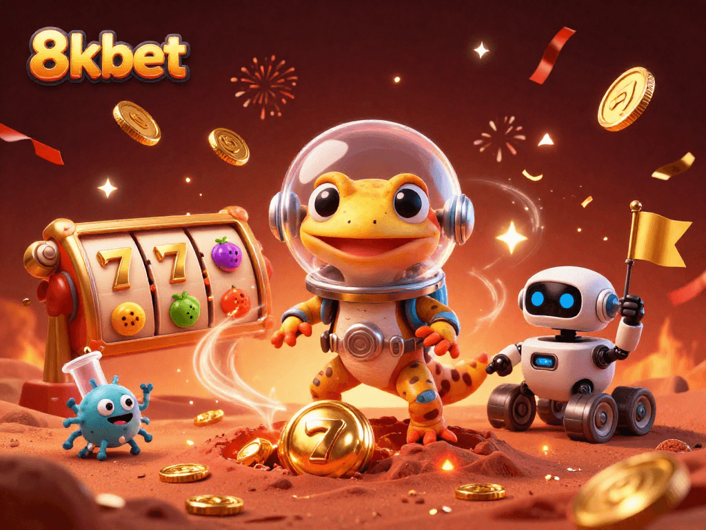 Experience the excitement of 8kbet in a vibrant, playful Martian casino setting.