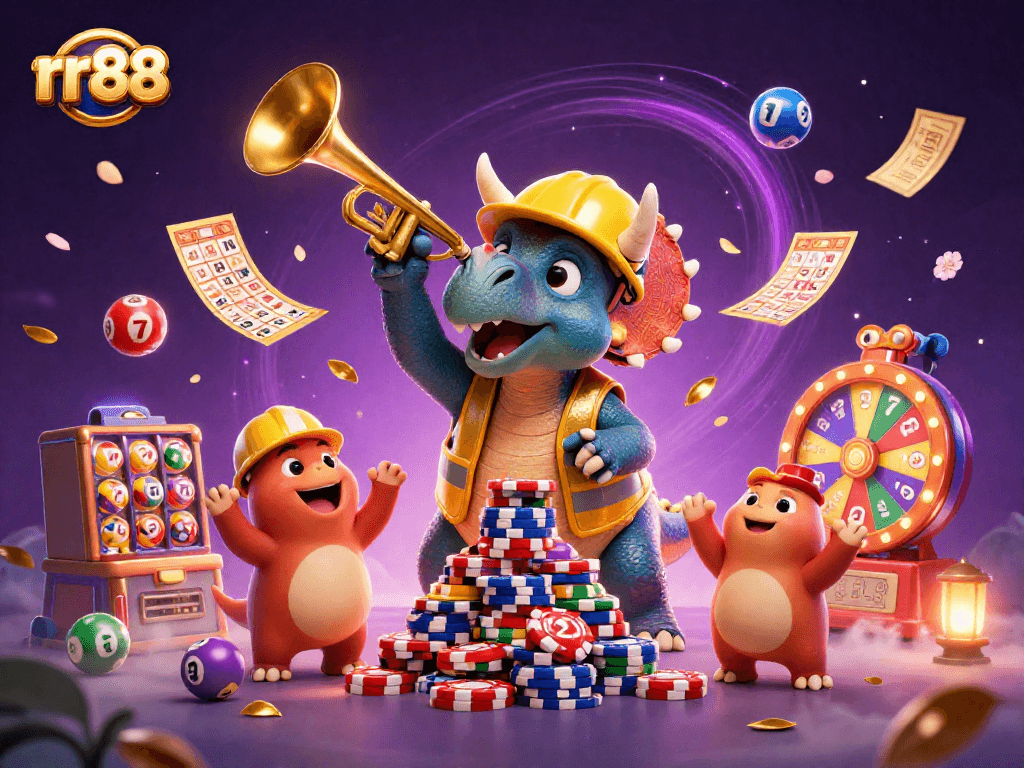 rr88 showcases a vibrant poker-themed cartoon scene with a joyful triceratops and casino elements
