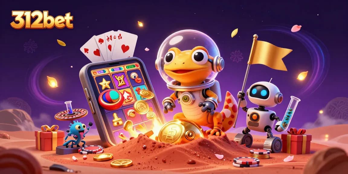 Join the excitement at 312bet with a Martian gecko discovering a golden casino in a vibrant 3D scene!