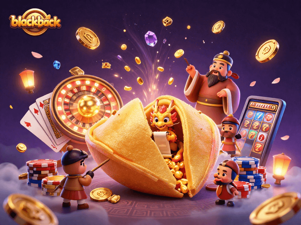 Win big while playing blackjack in this vibrant casino scene with magical elements and golden treasures.