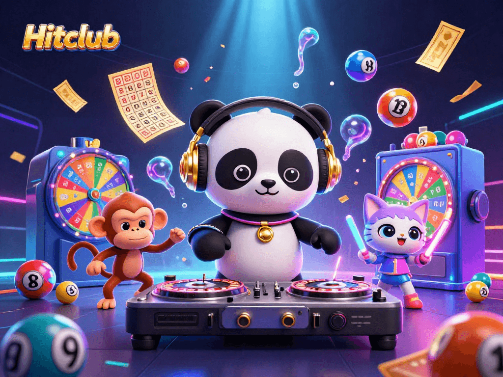 Hitclub brings excitement to the casino scene with a DJ panda, monkey, and kitten surrounded by vibrant lottery elements.