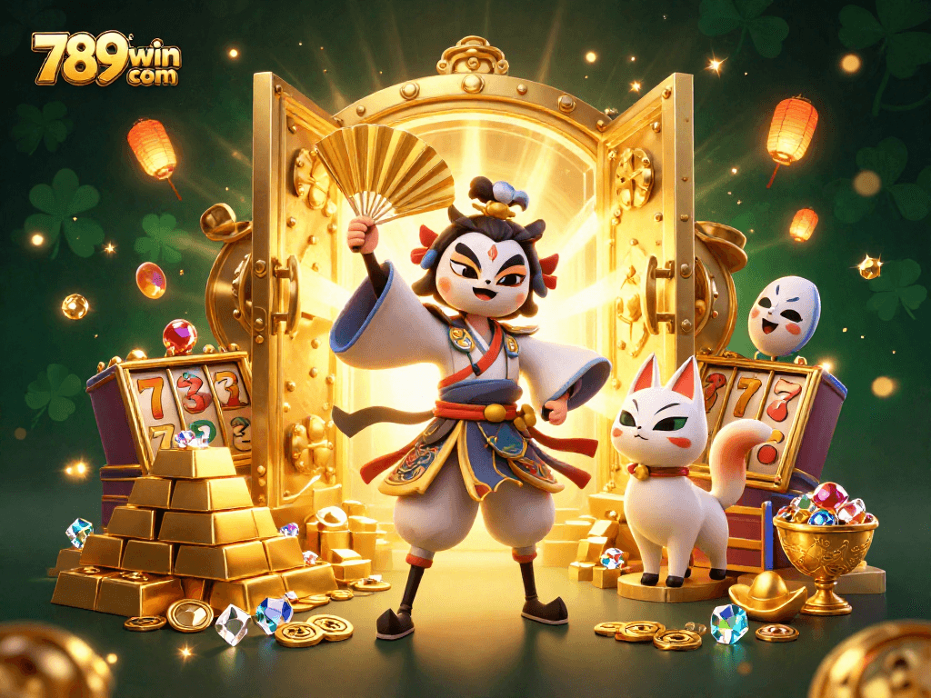 Engage with thrilling 789win com casino vibes, featuring kabuki warriors, slot reels, and dazzling treasures.