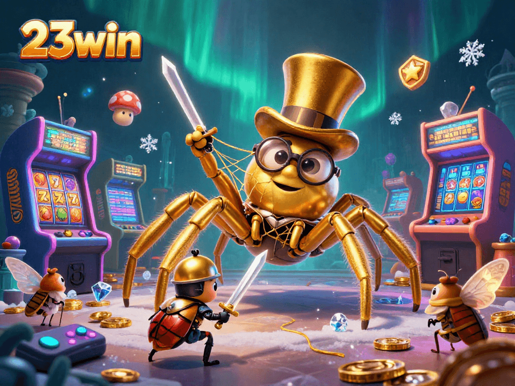 Engage in the 23win casino adventure with the golden tarantula and beetle knight in action.