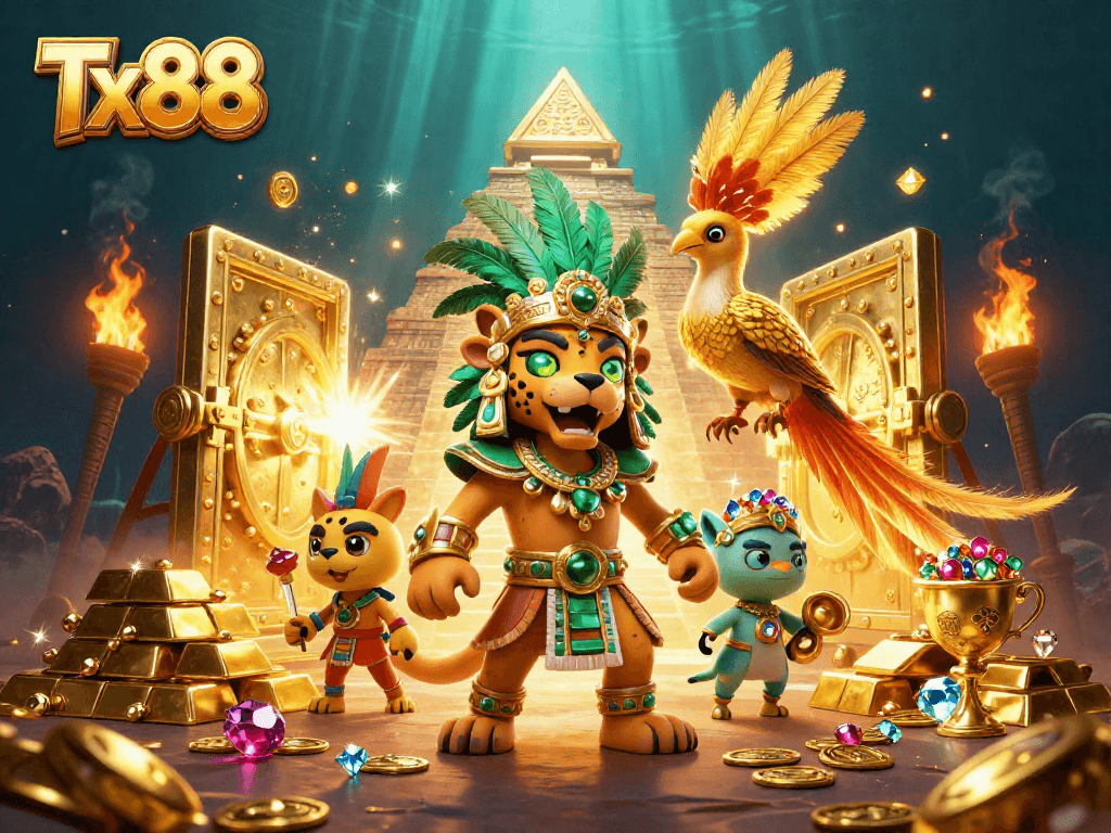 Experience dynamic wins at Tx88 with a vivid illustration of online gaming excitement and treasures.