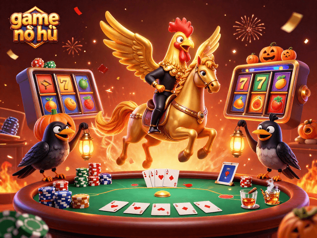 Experience thrilling game nổ hũ with a colorful illustration of golden rooster and friends in a casino