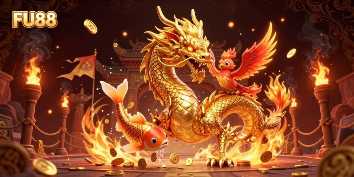 Experience the thrill at FU88 with a fierce golden dragon, phoenix, and golden koi amid gaming excitement.